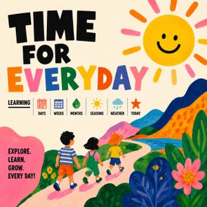 Op de afbeelding: Een kleurrijke educatieve poster getiteld TIME FOR EVERYDAY met een lachende zon, waarop drie kinderen op een pad door een landschap lopen. Het bevat iconen voor dagen, weken, maanden, seizoenen, weer en vandaag, met de tekst EXPLORE. LEARN. GROW. EVERY DAY!