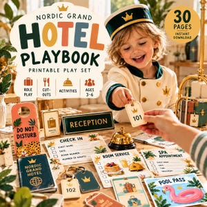 Puede incluir: Un set de juego imprimible Nordic Grand Hotel Playbook que incluye un letrero de recepción, formularios de registro, menús de servicio a la habitación, tarjetas de spa, un pase de piscina y llaves de habitación numeradas 101 y 102.