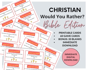 May include: A collection of printable Christian "Would You Rather?" Bible Edition game cards. The cards feature various questions with "OR" options. The image also includes text that says "Printable Cards, 60 Game Cards, Bonus: 20 Blanks, Immediate Download."