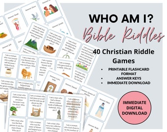 May include: A collection of Bible riddle flashcards with illustrations and text. The cards are white with blue text and images. The title "WHO AM I? Bible Riddles" is displayed with the words "IMMEDIATE DIGITAL DOWNLOAD".