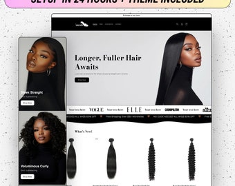 Könnte beinhalten: Eine Website-Startseite für ein Unternehmen, das Haarverlängerungen verkauft. Die Website hat ein Schwarz-Weiß-Farbschema und ein Model trägt lange, schwarze Haarverlängerungen. Der Text auf der Website lautet "Längeres, volleres Haar erwartet Sie" und "Neuheiten!" Die Website bietet auch eine Vielzahl von Haarverlängerungen an, darunter glattes, voluminöses lockiges und gewelltes Haar.