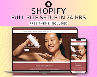 Può includere: Un laptop e uno smartphone che mostrano un sito web per PureGlow Naturals, un marchio di cura della pelle. Il sito web presenta una donna che tiene una bottiglia di prodotto per la cura della pelle e il testo "Say Hello to Glow". Il sito web include anche una sezione intitolata "La nostra filosofia della cura della pelle".