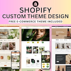 Könnte beinhalten: Ein digitales Mockup, das ein Shopify-Custom-Theme-Design zeigt. Das Bild zeigt Website- und mobile App-Oberflächen mit verschiedenen Produktlayouts, darunter Hautpflege und Wohnkultur. Text beinhaltet "Shopify Custom Theme Design" und "Free E-commerce Theme Included."