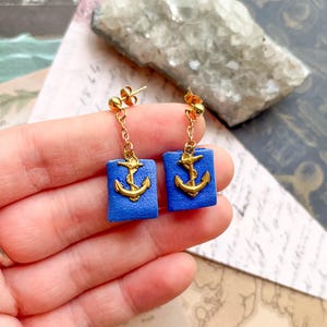 Gold Plated Anchor Book Earrings: Handmade Blue Leather Dangle Gold Studs