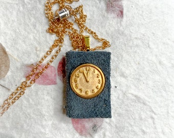Gold Clock Leather Book Necklace, Vintage Gold Charm Mini Book Pendant & Chain