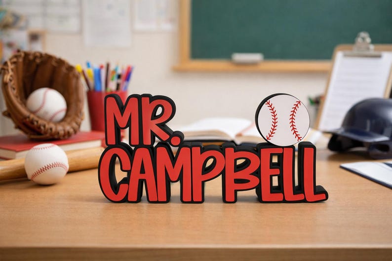 Puede incluir: Un letrero de escritorio personalizado con el texto MR. CAMPBELL en letras rojas en negrita con un borde negro. Un gr&aacute;fico circular de una pelota de b&eacute;isbol blanca con costuras rojas est&aacute; unido al lado derecho del letrero.