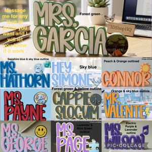 Puede incluir: Una colecci&oacute;n de letreros con nombres impresos en 3D personalizados con varias combinaciones de colores e iconos. Cada letrero muestra un nombre en letras negritas y en relieve con un color de contorno secundario. Los iconos incluyen un delf&iacute;n, sol, elefante, balanza, rayo, cara sonriente y pieza de rompecabezas.
