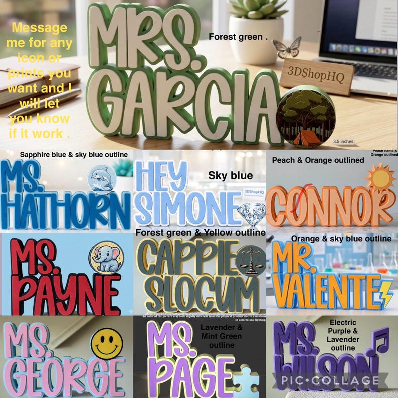 Puede incluir: Una colecci&oacute;n de letreros con nombres impresos en 3D personalizados con varias combinaciones de colores e iconos. Cada letrero muestra un nombre en letras negritas y en relieve con un color de contorno secundario. Los iconos incluyen un delf&iacute;n, sol, elefante, balanza, rayo, cara sonriente y pieza de rompecabezas.