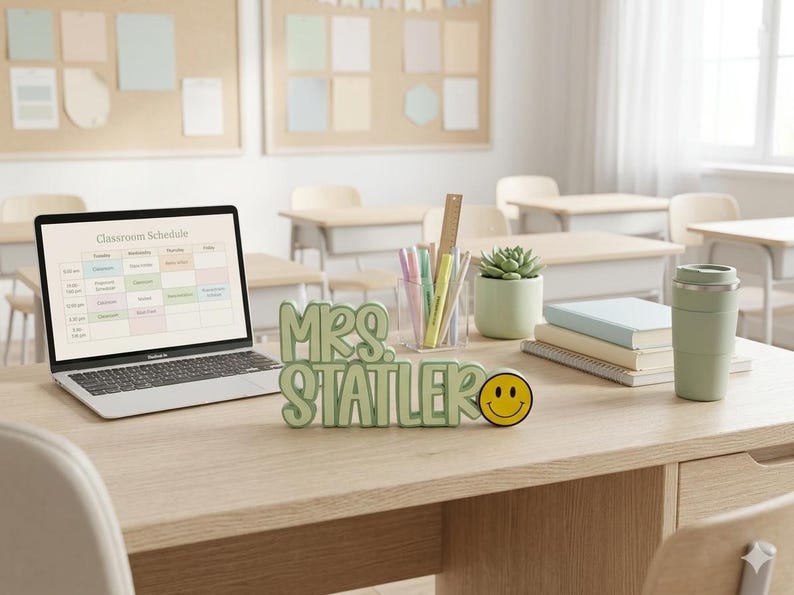 Puede incluir: Un letrero de escritorio 3D en color verde claro que muestra el texto MRS. STATLER en una fuente redondeada, acompa&ntilde;ado de un peque&ntilde;o icono de cara sonriente amarilla. El letrero est&aacute; sobre un escritorio de madera junto a un port&aacute;til.