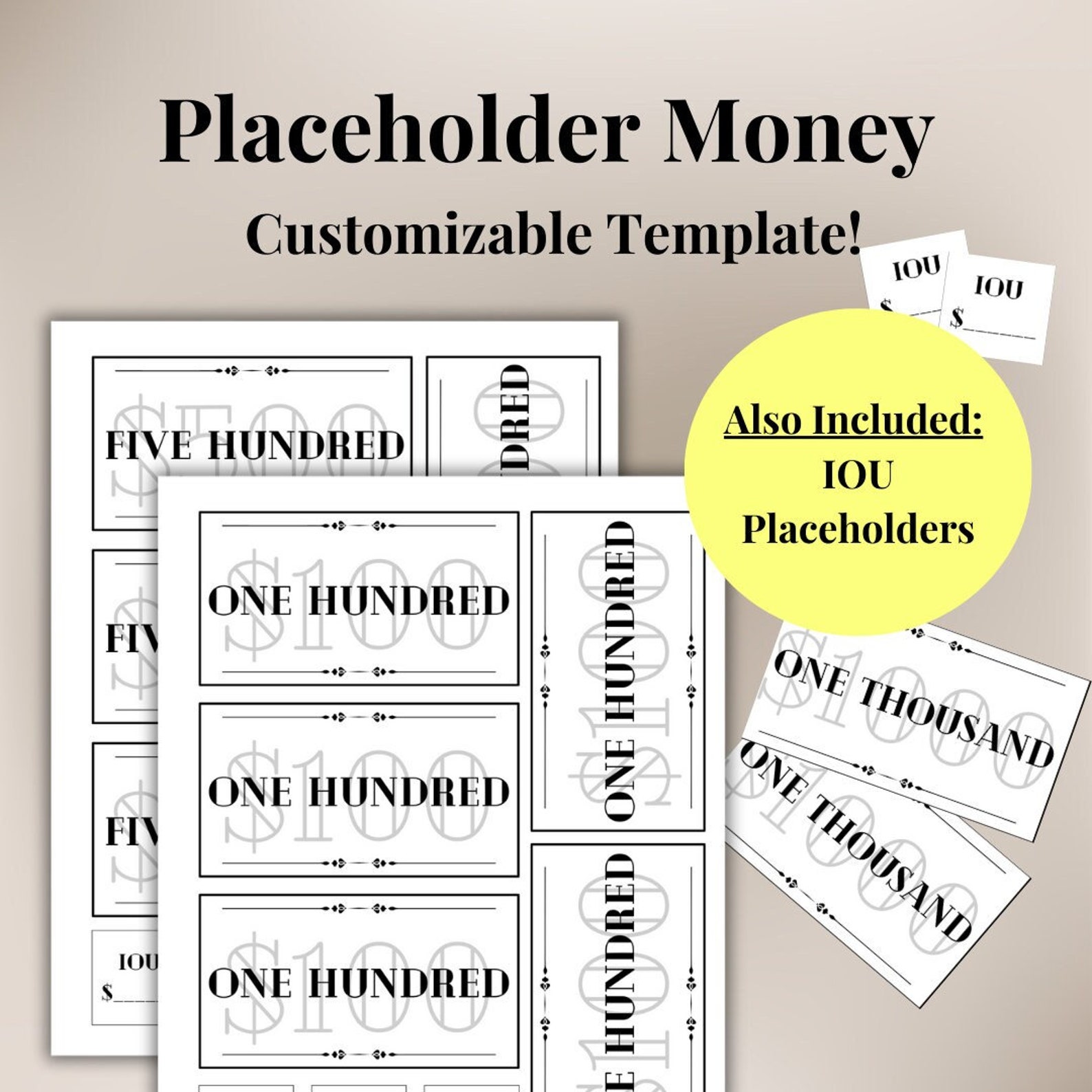 Customizable Placeholder Prop Money Template for Budgeting and Cash Customizable Placeholder Prop Money Template for Budgeting and Cash