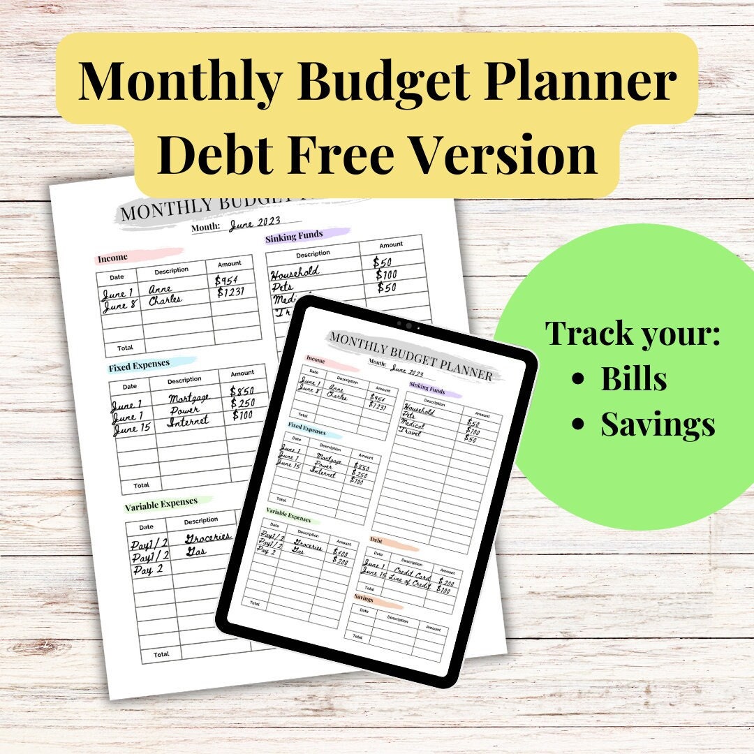 Monthly Budget Planner Debt Free Version Printable Digital Download ...