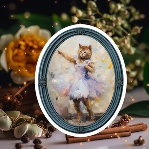 Cat Ballerina Sticker, Vintage Little Kitty Tabby Cat Sticker, Cat Person Gift, Cat Mom Gift for Cat Daddy, Degas Cat Ballerina Art