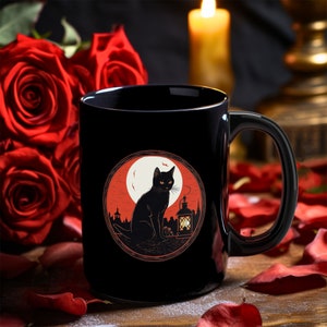 Halloween Black Cat Ceramic Coffee Mug, Witch Black Kitty Cat Tea Mug, Cat Lover Gift for Cat Foster Mom, Halloween Kitty Cat Pumpkin Art