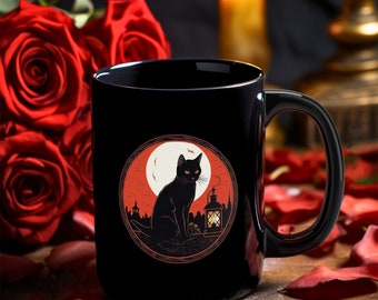 Halloween Black Cat Ceramic Coffee Mug, Witch Black Kitty Cat Tea Mug, Cat Lover Gift for Cat Foster Mom, Halloween Kitty Cat Pumpkin Art