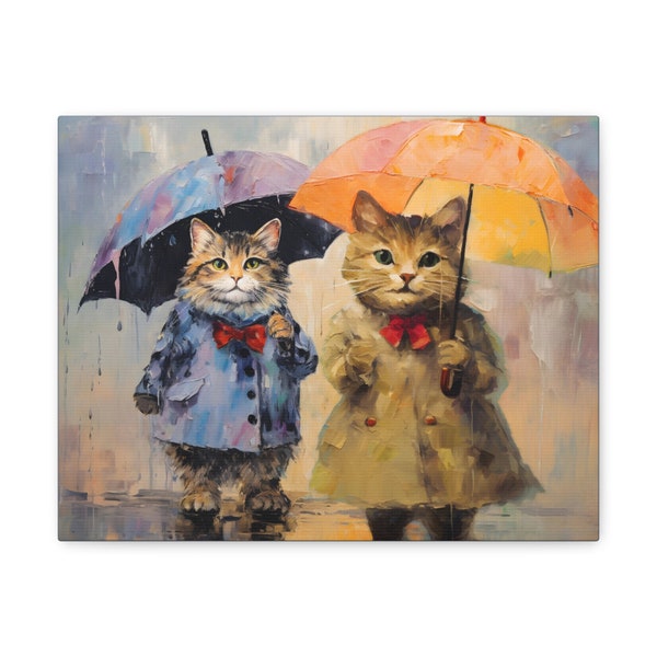 Cat Art Canvas, Cat in Rain Wall Art Print, Vintage Kitty Oil Painting, Cat Little Girl Nursery Décor, Cat Person Cat Mom Gift for Cat Daddy