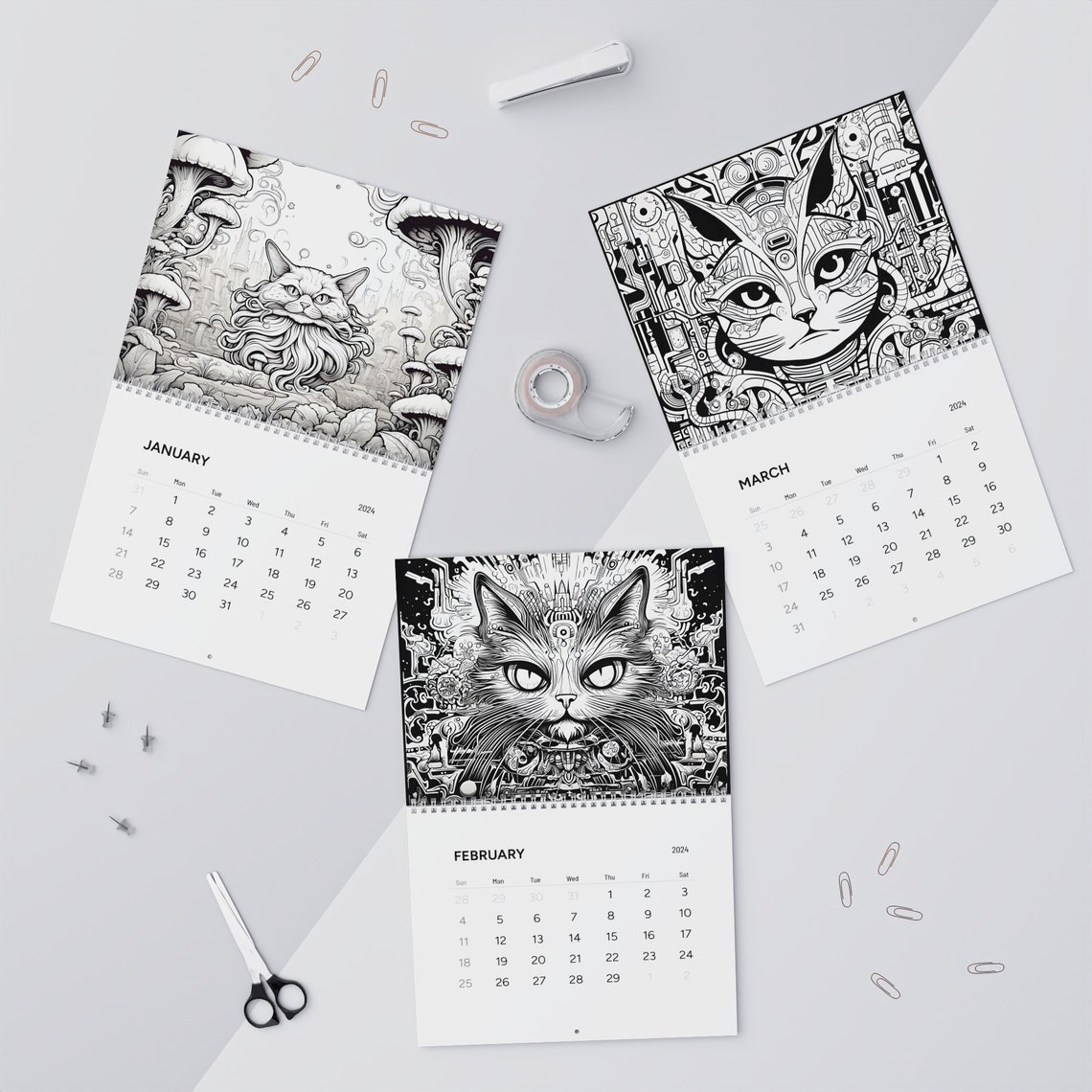 Coloring Wall Calendar 2024, 2024 Psychedelic Cats Calendar, 2024