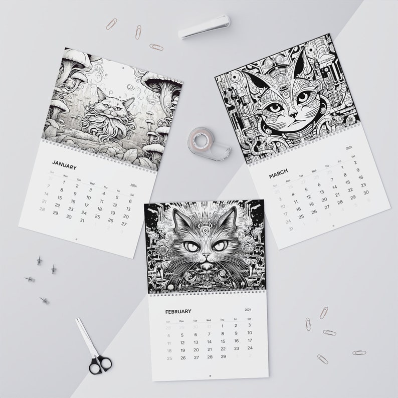 Coloring Wall Calendar 2024, 2024 Psychedelic Cats Calendar, 2024