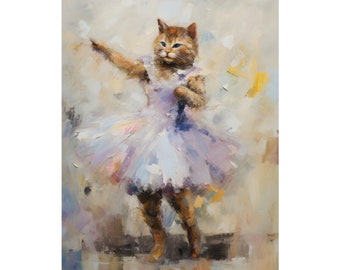 Ballerina Cat Poster, Cat Wall Art Print, Vintage Kitty Oil Painting, Cat Little Girl Nursery Décor Cat Person Cat Mom Gift for Cat Daddy