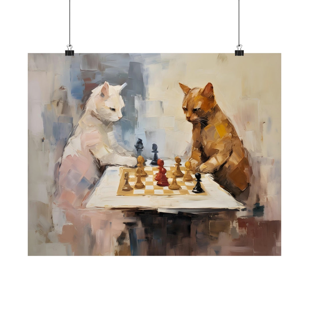 Chess Cat Poster, Orange and White Cat Playing Chess Wall Art Print ...