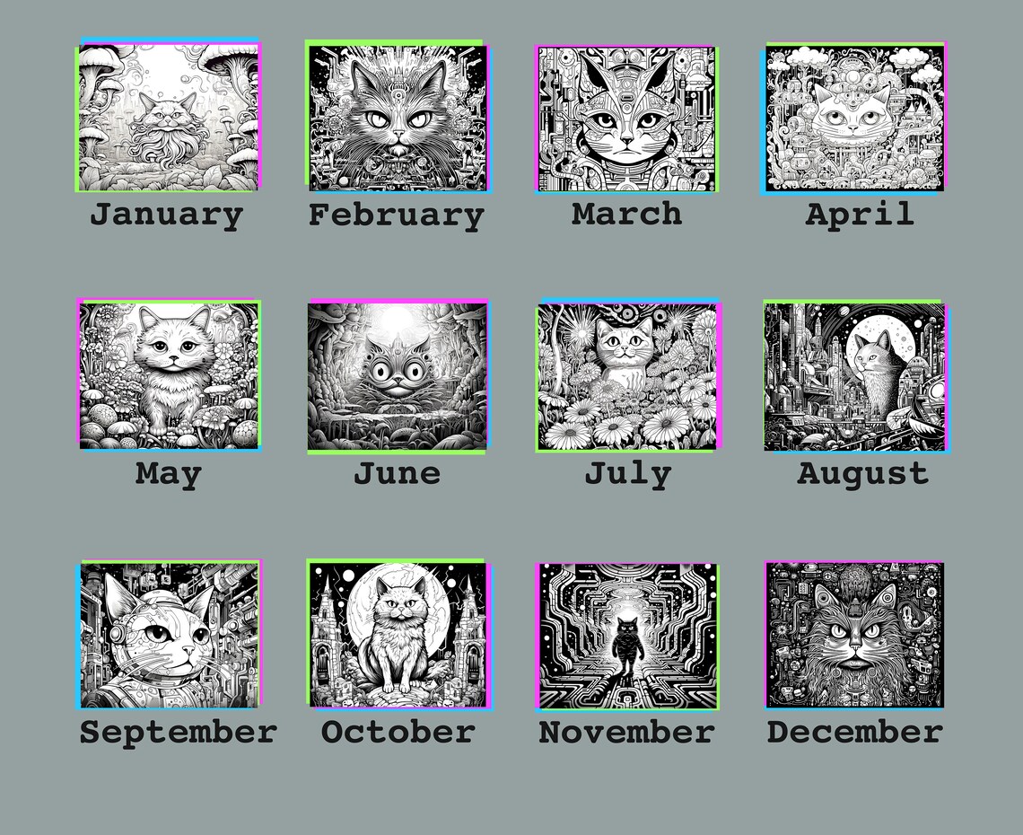 Coloring Wall Calendar 2024, 2024 Psychedelic Cats Calendar, 2024
