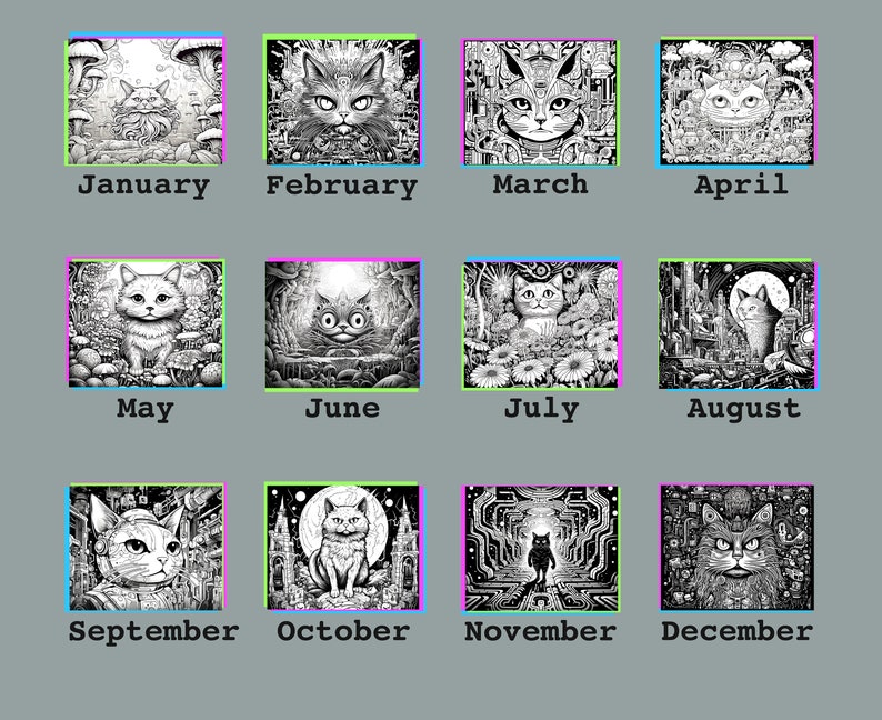 Coloring Wall Calendar 2024, 2024 Psychedelic Cats Calendar, 2024