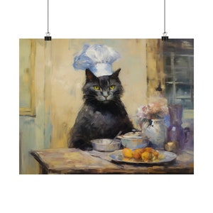 Chef Cook Cat Poster, Black Cat Wall Art Print, Vintage Kitty Oil Painting, Cat Kitchen Décor, Cat Person Cat Mom Gift, Cat Making Biscuits