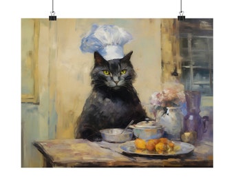 Chef Cook Cat Poster, Black Cat Wall Art Print, Vintage Kitty Oil Painting, Cat Kitchen Décor, Cat Person Cat Mom Gift, Cat Making Biscuits