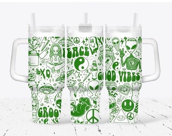 Hippie Alien Groovy Retro SVG Engrave File Full Wrap Seamless 40 oz Digital File