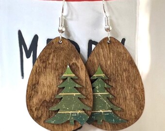 Christmas tree layered wood earrings