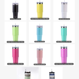 May include: Set of 10 stainless steel tumblers with various colors, including black, yellow, white, green, blue, pink, and purple. Each tumbler has a straw and holds 30 ounces.