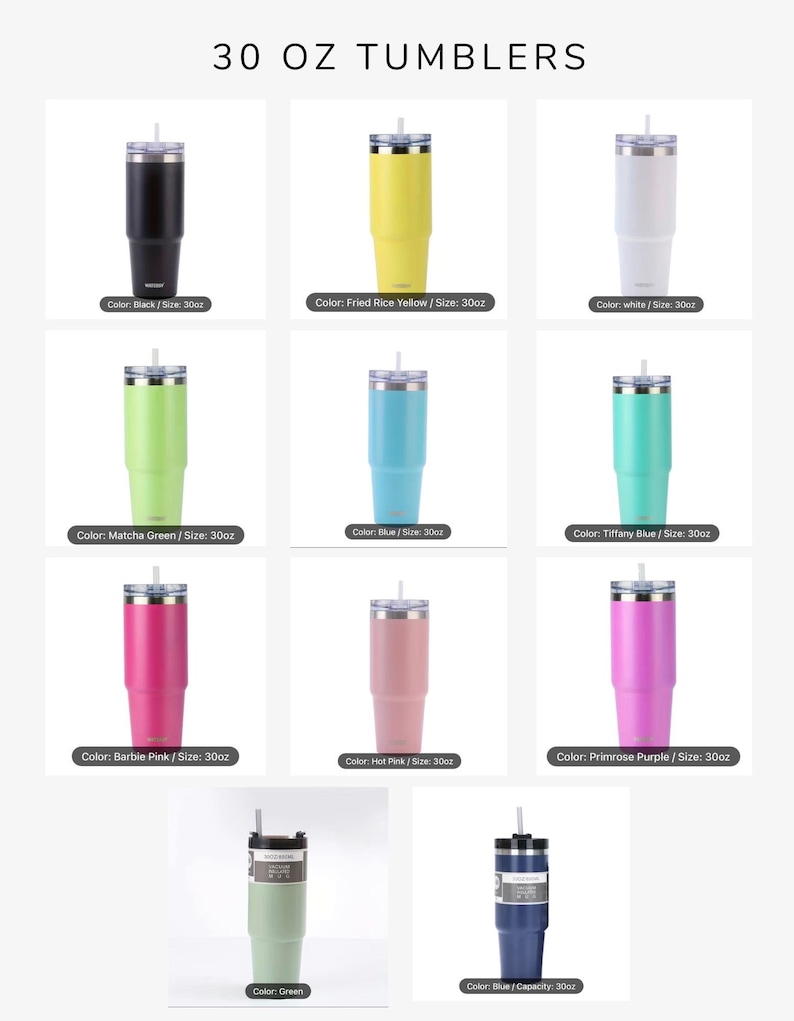May include: Set of 10 stainless steel tumblers with various colors, including black, yellow, white, green, blue, pink, and purple. Each tumbler has a straw and holds 30 ounces.