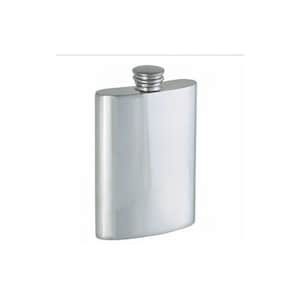 May include: A silver-colored flask with a rounded rectangular shape. The flask has a screw-on cap at the top. The surface of the flask is smooth and reflective, suggesting a stainless steel or similar metal construction. The flask is designed to hold liquids.