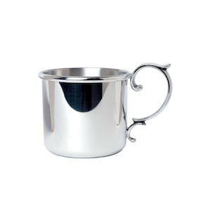 Personalized Pewter Scroll Handle Baby Cup, Engraved Silver Baby Cup