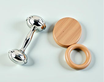 Engraved Pewter Baby Dumbbell Rattle, Personalized Heirloom Gift