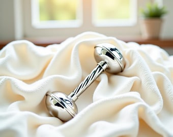 Engraved Pewter Baby Dumbbell Rattle, Twisted Handle, Gift Box