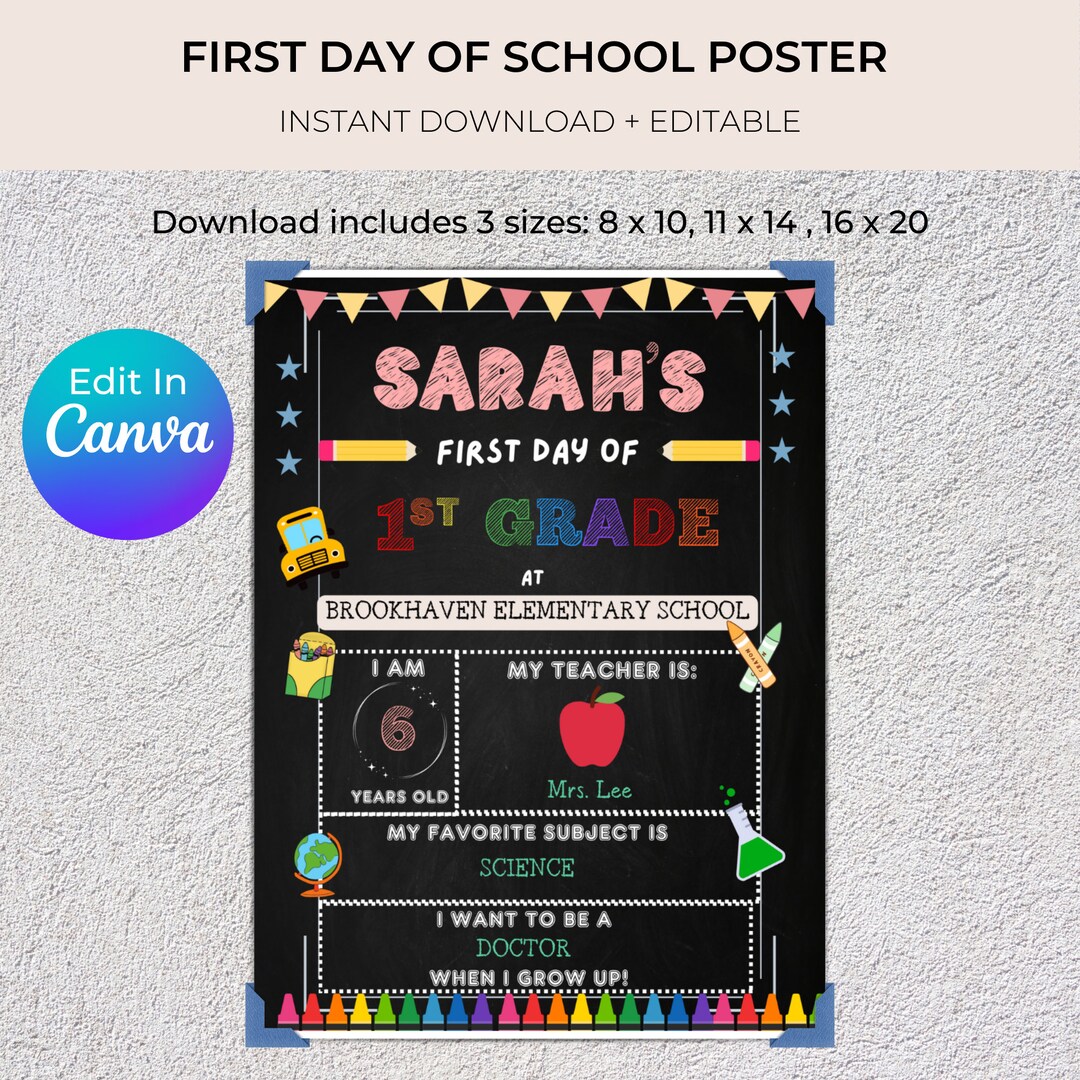 Editable First Day of School Sign for Elementary School Students Back