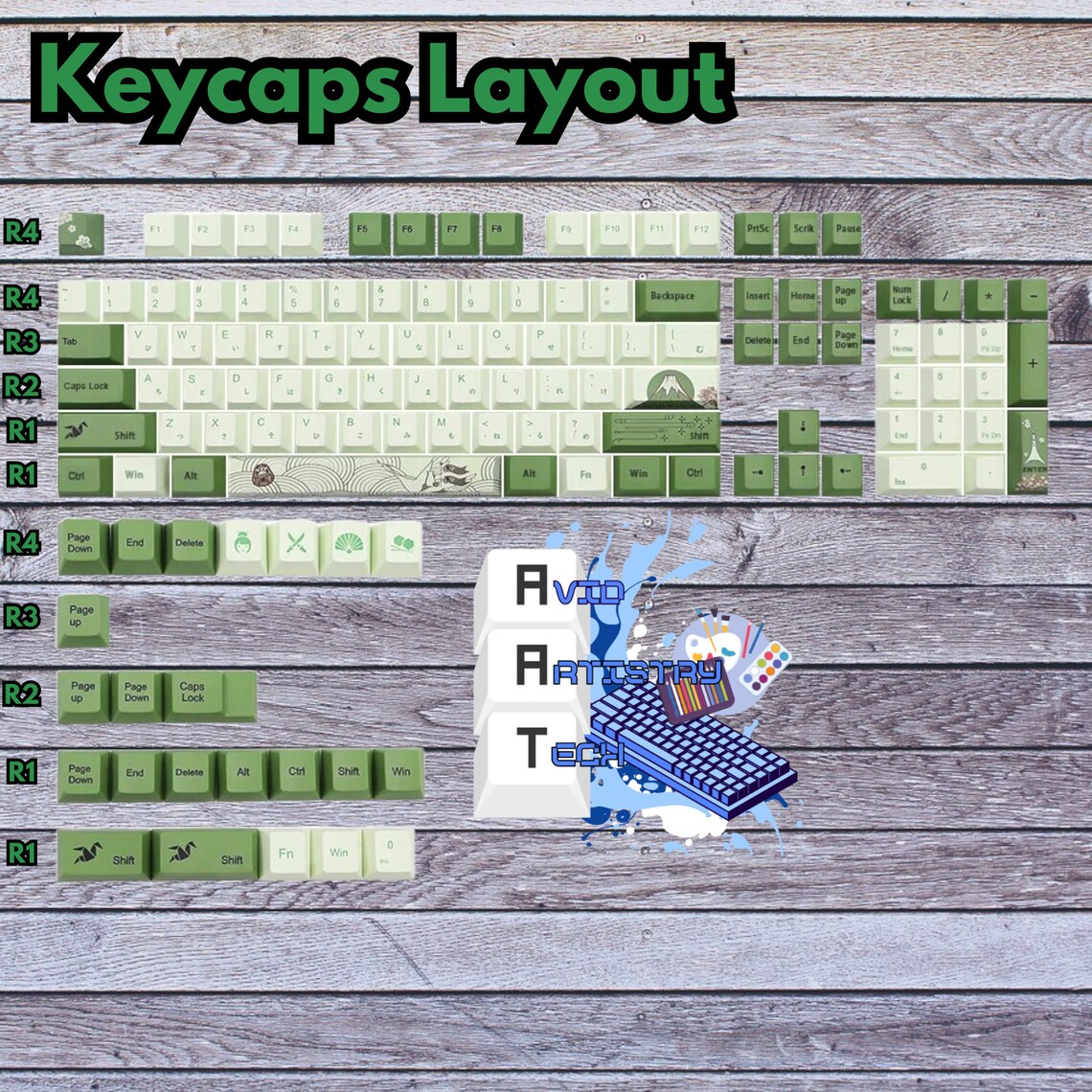 Matcha Green Japanese Theme Full Keycaps Set, Japanese Culture Aesthetic Inspired Mountain ...