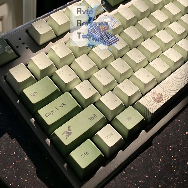 Matcha Green Japanese Theme Full Keycaps Set, Japanese Culture Aesthetic Inspired Mountain, Traditional Artistic Cherry MX Gaming Keycap Set