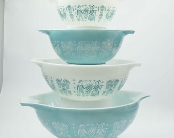Vintage Pyrex Amish Butterprint Turquoise & White Nest 4 Cinderella Bowls