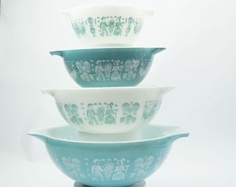Vintage Pyrex Amish Butterprint Turquoise & White Nest 4 Cinderella Bowls
