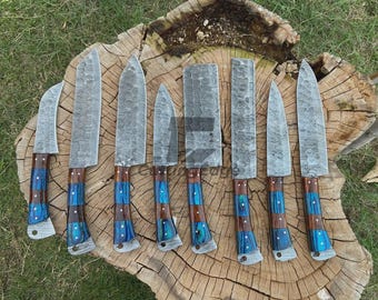 8 Piece Damascus Knife Set Hand Forged Chef Knives Kitchen Gift for Him Fathers Day Dad Birthday Husband Christmas Present