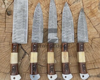 5 Piece Damascus Knife Set Hand Forged Chef Knives Kitchen Gift for Him Fathers Day Dad Birthday Husband Christmas Present