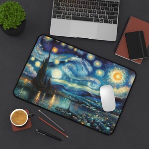 Starry Night Van Gogh Inspired Desk Mat, Large Artistic Mouse Pad, Office Decor, Creative Work Space Accessory, Gift for Artists image 2