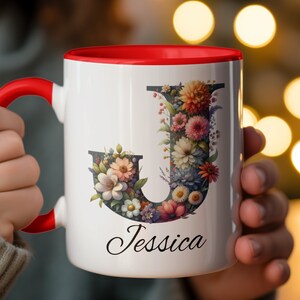Custom Floral Alphabet J Mug, Personalized Name Coffee Cup, Unique Gift for Her, Valentines Day Present, Mothers Day Tea Mug