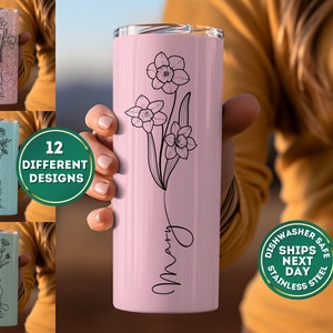 Personalized Birth Flower Tumbler, Custom Name Tumbler, Bridesmaid Birthday Hand Drawn Flower Tumbler, Birth Month 20 oz Skinny Tumbler