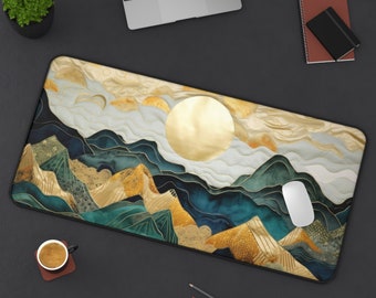Japanese Style Desk Mat, Artistic Mountain Waves, Sun Illustration Mouse Pad, Large Gaming Mat, Office Desk Decor, desk aesthetics