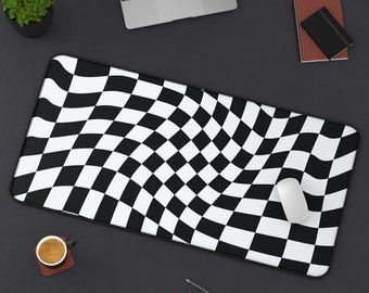 Black and White Optical Illusion Desk Mat, Large Unique Wavy Lines Mouse Pad, Home Office Decor, Designer Computer Accessory