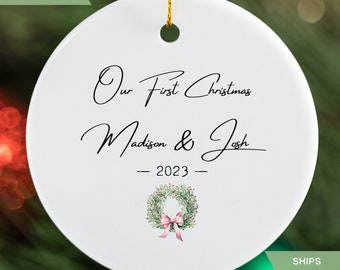Our First Christmas Personalized Minimalist Wreath Custom Ornament Gift Idea, Couples Our First Christmas Together Tree Decoration Present