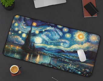 Starry Night Van Gogh Inspired Desk Mat, Large Artistic Mouse Pad, Office Decor, Creative Work Space Accessory, Gift for Artists