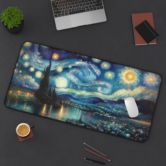 Starry Night Van Gogh Inspired Desk Mat, Large Artistic Mouse Pad, Office Decor, Creative Work Space Accessory, Gift for Artists
